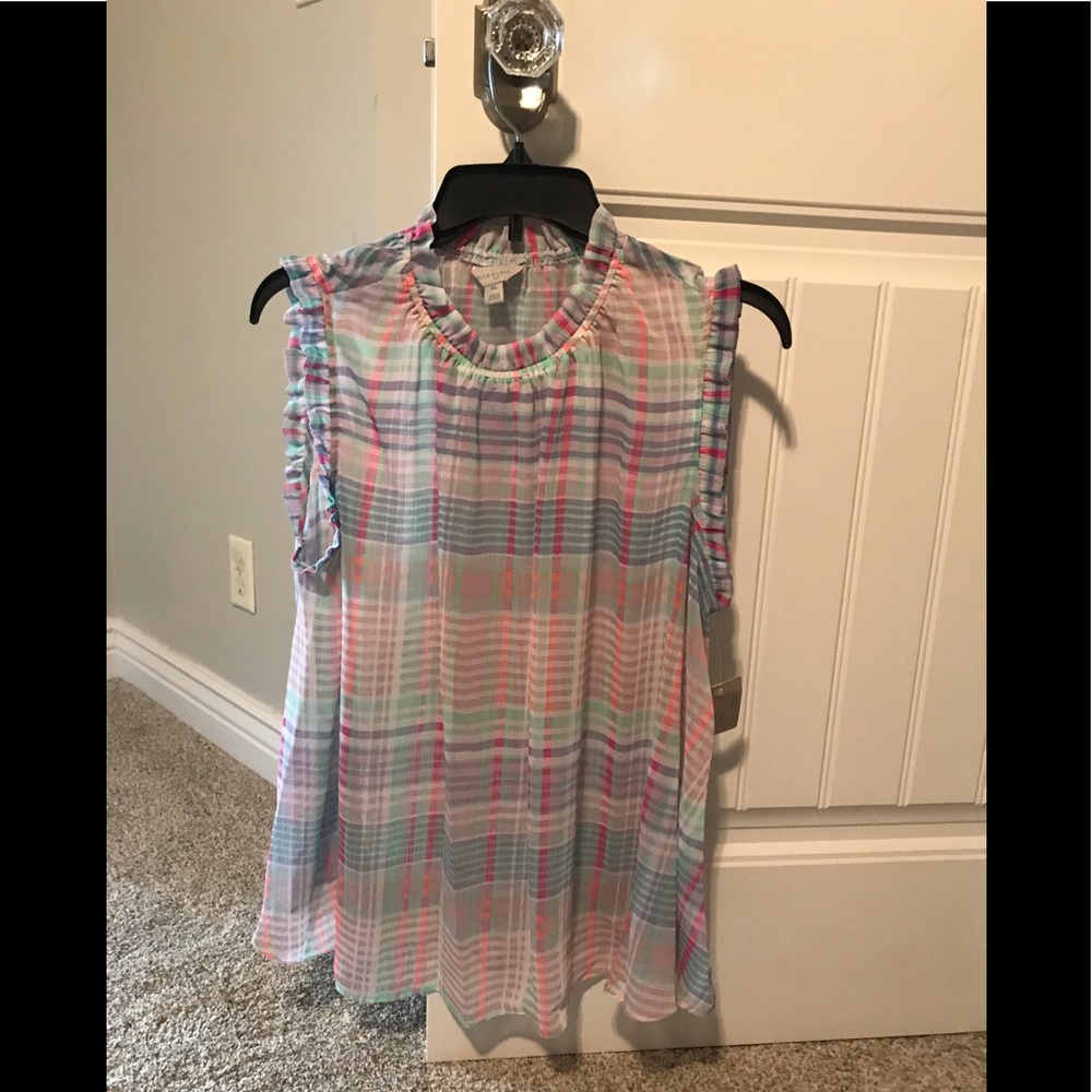Belle Sky sheer plaid top XL